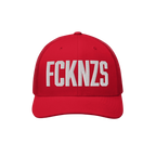 Red mesh-back trucker cap with large white FCKNZS embroidered letters, embodying an anti-fascist protest message, designed fo