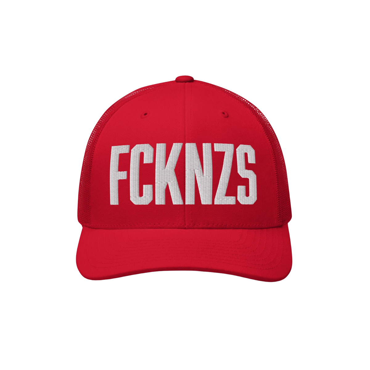 Red mesh-back trucker cap with large white FCKNZS embroidered letters, embodying an anti-fascist protest message, designed fo