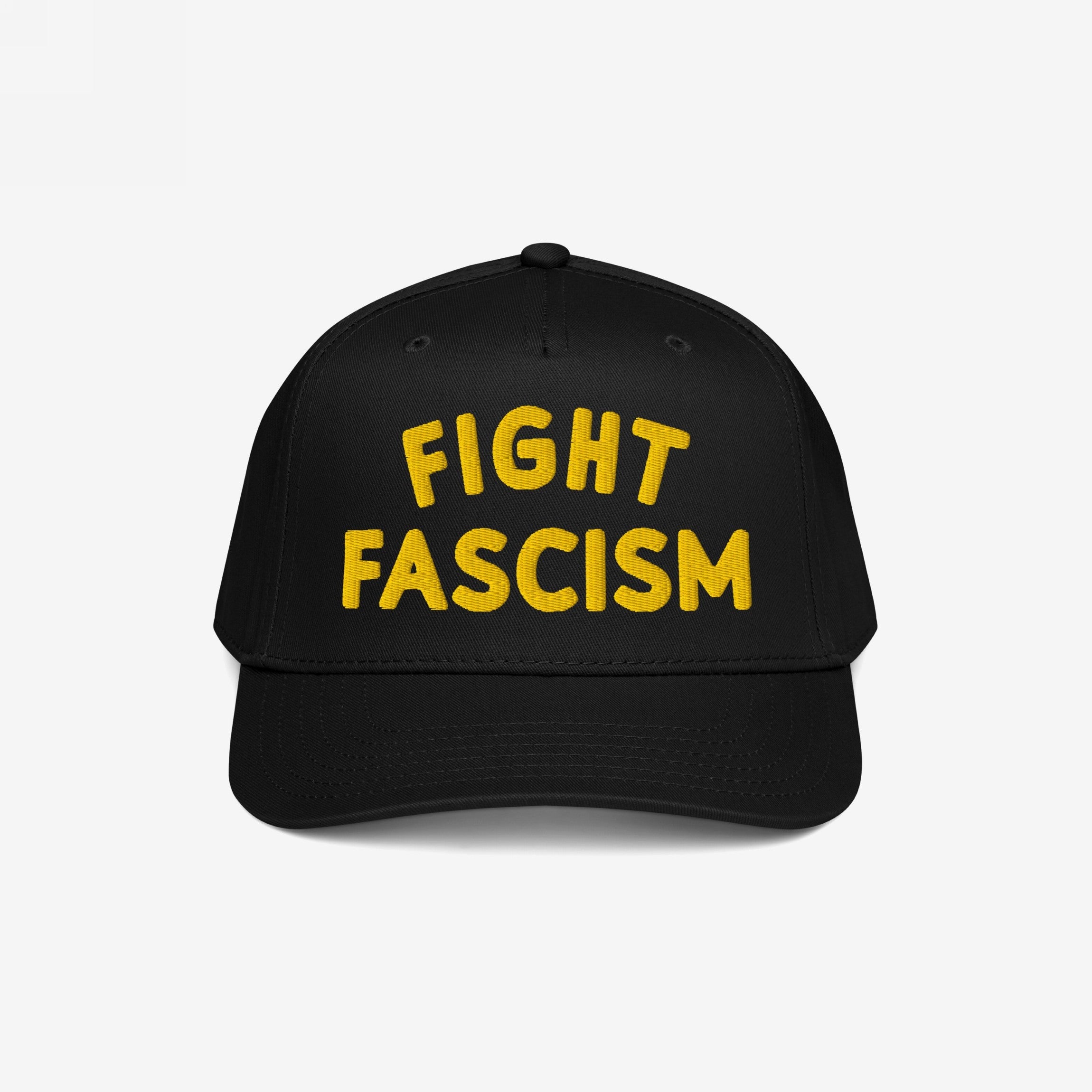 Fight Fascism Hat featuring bold yellow FIGHT FASCISM embroidery on a black baseball cap, designed for anti-fascist advocacy and visibility at marches, events, and everyday outings.