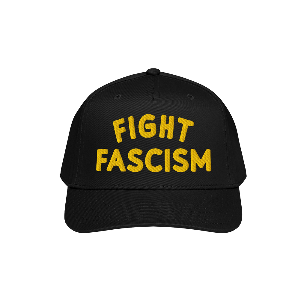 Fight Fascism Hat featuring bold yellow FIGHT FASCISM embroidery on a black baseball cap, designed for anti-fascist advocacy 