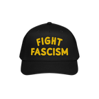 Fight Fascism Hat featuring bold yellow FIGHT FASCISM embroidery on a black baseball cap, designed for anti-fascist advocacy 