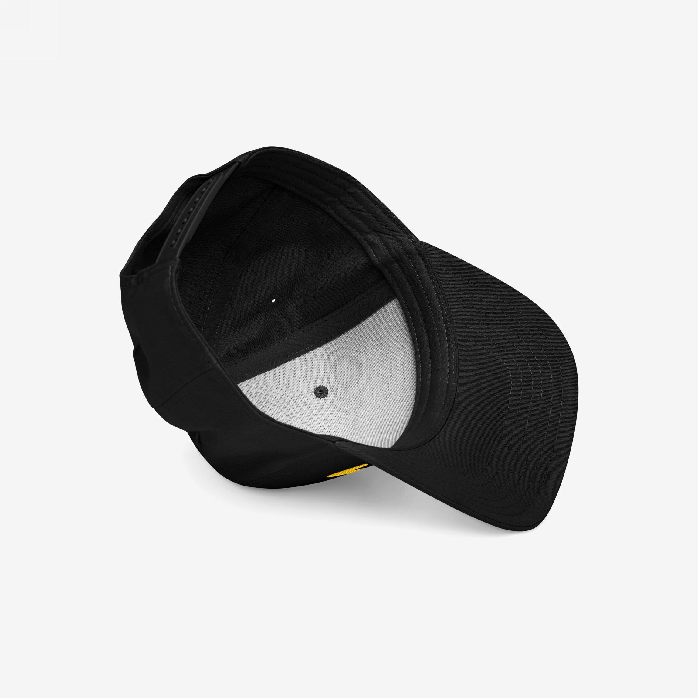 Fight Fascism Hat: Plain black baseball cap with curved brim, visible inner lining, and adjustable back strap, emphasizing an anti-fascist message with bold yellow FIGHT FASCISM embroidery for visibility and activism.