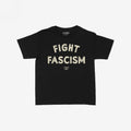 Black Fight Fascism Women's Baby Tee with large cream slogan and small brand text below, embodying anti-fascist spirit. Ideal for protests, shows, or everyday statement against authoritarianism.