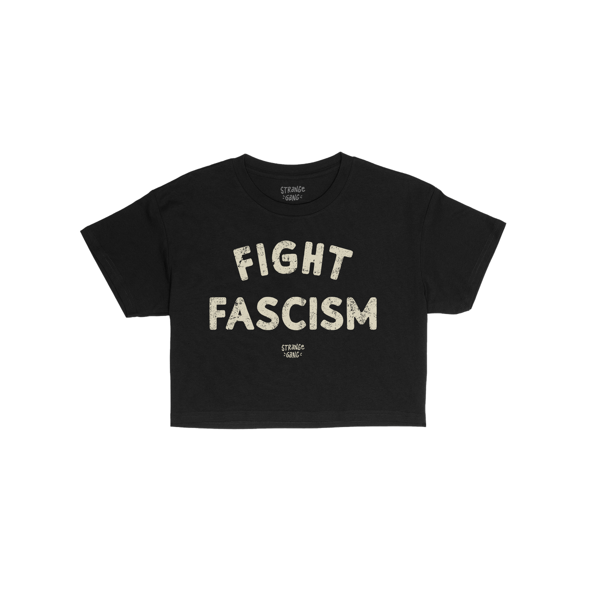Black Fight Fascism Women's Baby Tee with large cream slogan and small brand text below, embodying anti-fascist spirit. Ideal