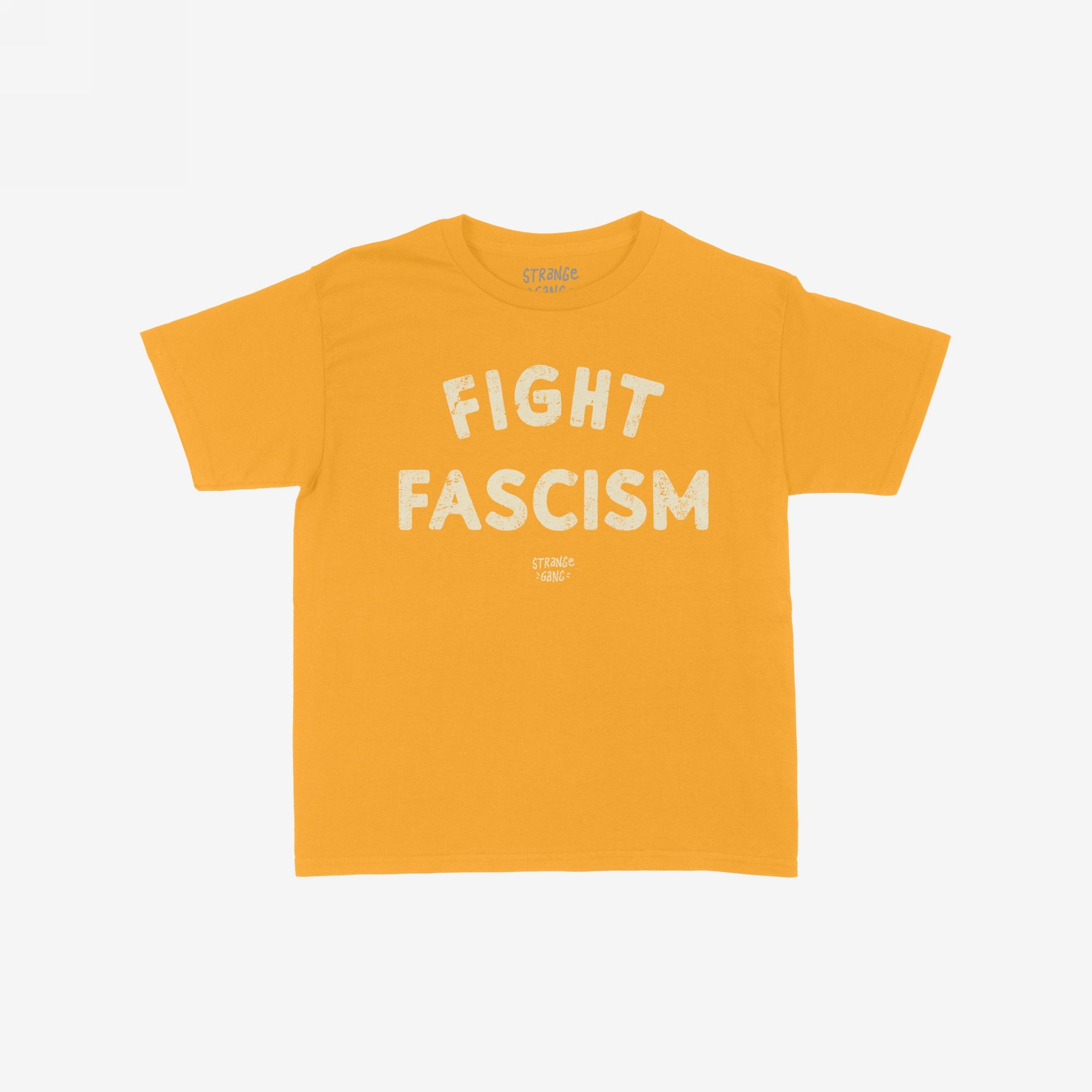 Fight Fascism Women's Baby Tee in mustard, featuring large distressed white text FIGHT FASCISM and smaller brand lettering. Designed as a retro Y2K style for activism, protests, and equality support.