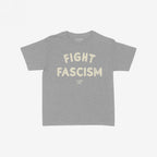 Fight Fascism Women's Baby Tee features FIGHT FASCISM in distressed off-white letters on a gray, short-sleeved shirt, echoing anti-authoritarian and equality messages for bold, expressive wearers.