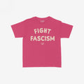 Fight Fascism Women's Baby Tee in bright magenta with FIGHT FASCISM slogan in distressed off-white letters, cropped and fitted, embodying bold activism and anti-authoritarian spirit.