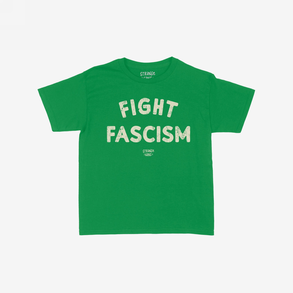 Fight Fascism Women's Baby Tee featuring bold, distressed white text advocating against fascism. Smaller brand name text underneath. Ideal for protests or making a statement, embodying a stand against authoritarianism.