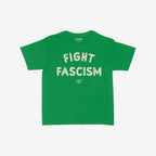 Fight Fascism Women's Baby Tee featuring bold, distressed white text advocating against fascism. Smaller brand name text underneath. Ideal for protests or making a statement, embodying a stand against authoritarianism.