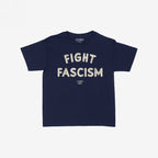 Fight Fascism Women's Baby Tee features a distressed FIGHT FASCISM slogan in white on navy, embodying bold activism. Ideal for protests or daily wear, promoting anti-fascist values with a snug, cropped fit.