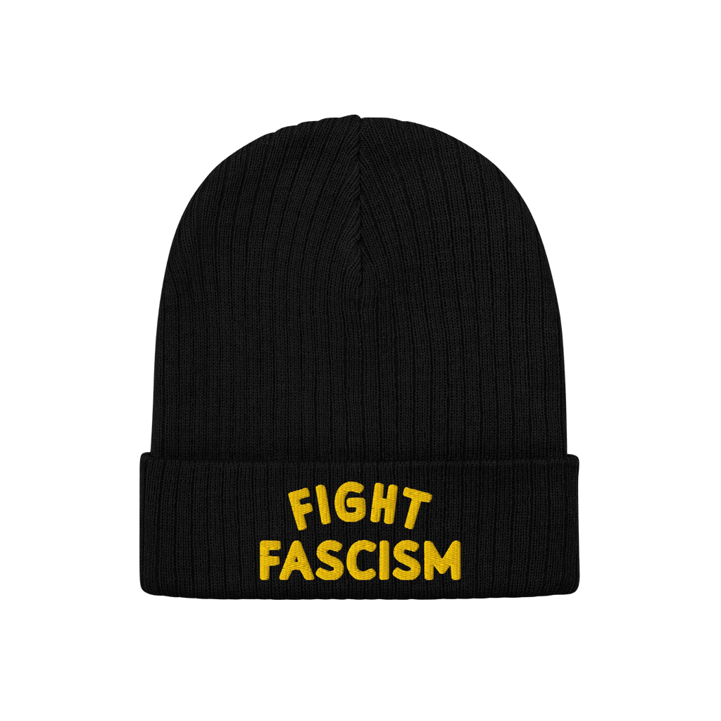 The Fight Fascism Hat features a black knit beanie with FIGHT FASCISM boldly embroidered in yellow on the cuff, making a clea