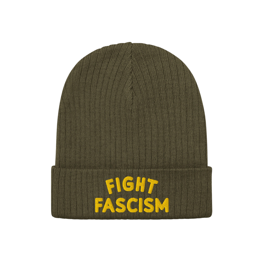 Olive-green ribbed knit beanie with FIGHT FASCISM embroidered in bold yellow letters on the cuff, representing anti-fascist a