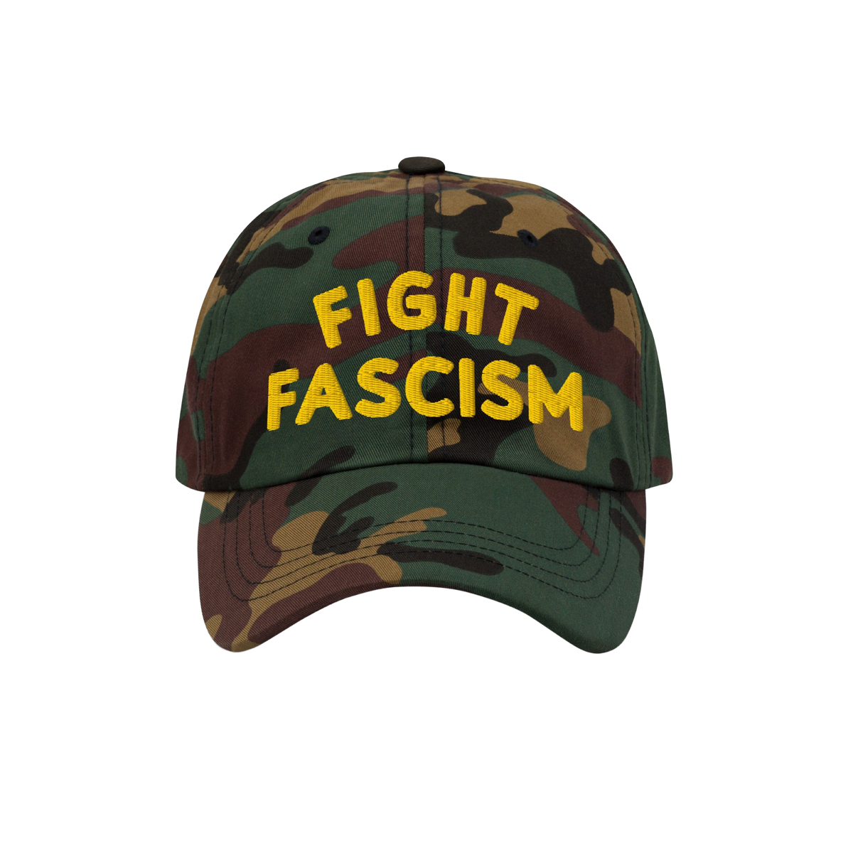 Camo-pattern Fight Fascism Hat with bold yellow FIGHT FASCISM slogan, designed for anti-fascist visibility. Ideal for marches