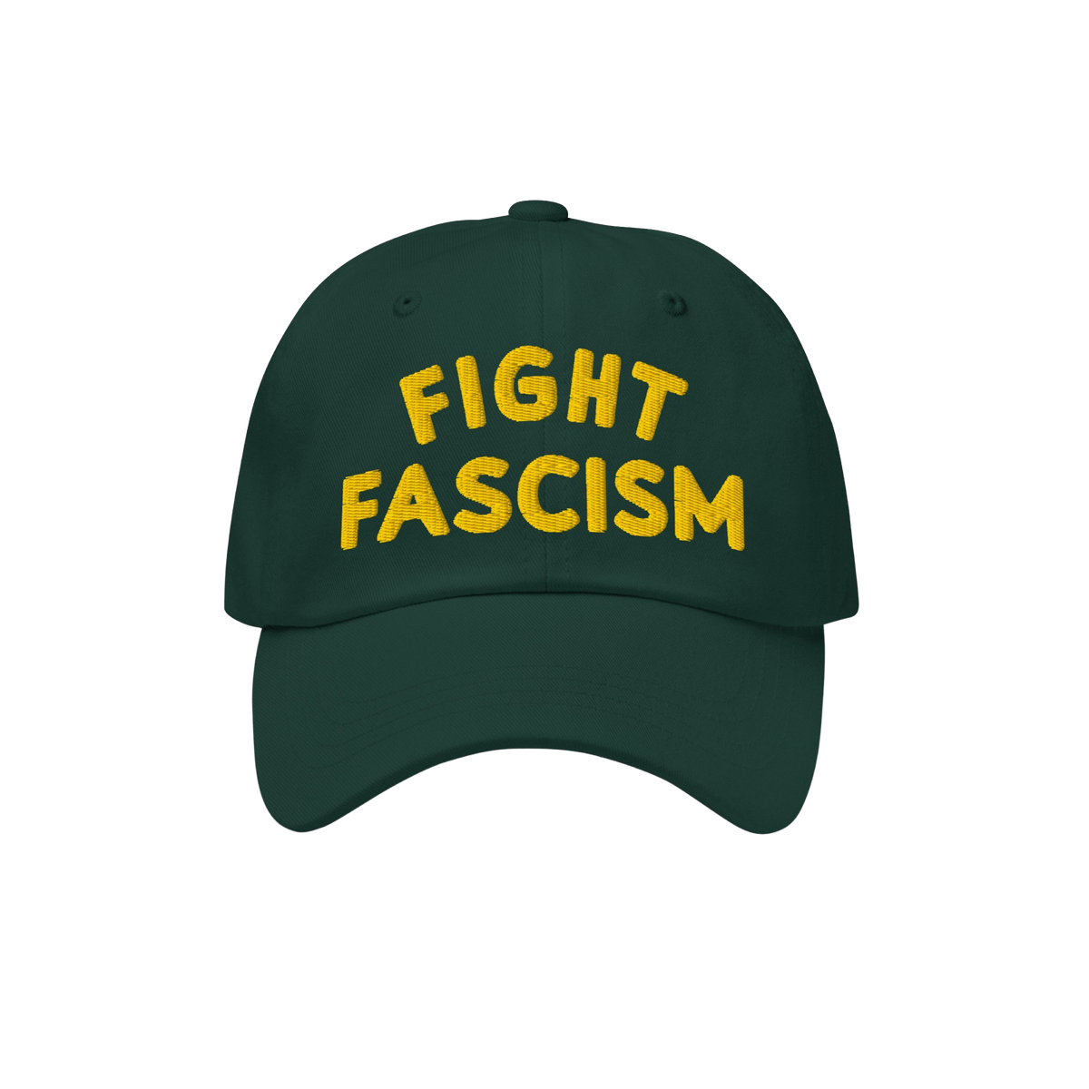 Fight Fascism Hat with bold yellow embroidery on a dark green cap, promoting anti-fascist visibility. Ideal for marches and d