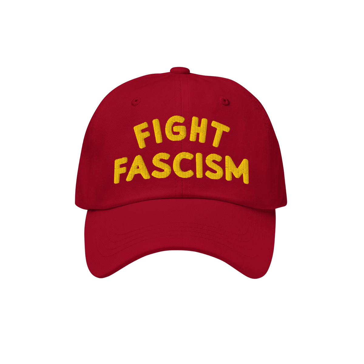 Red Fight Fascism Hat with a curved brim and bold yellow FIGHT FASCISM embroidery, designed for visible anti-fascist protest.