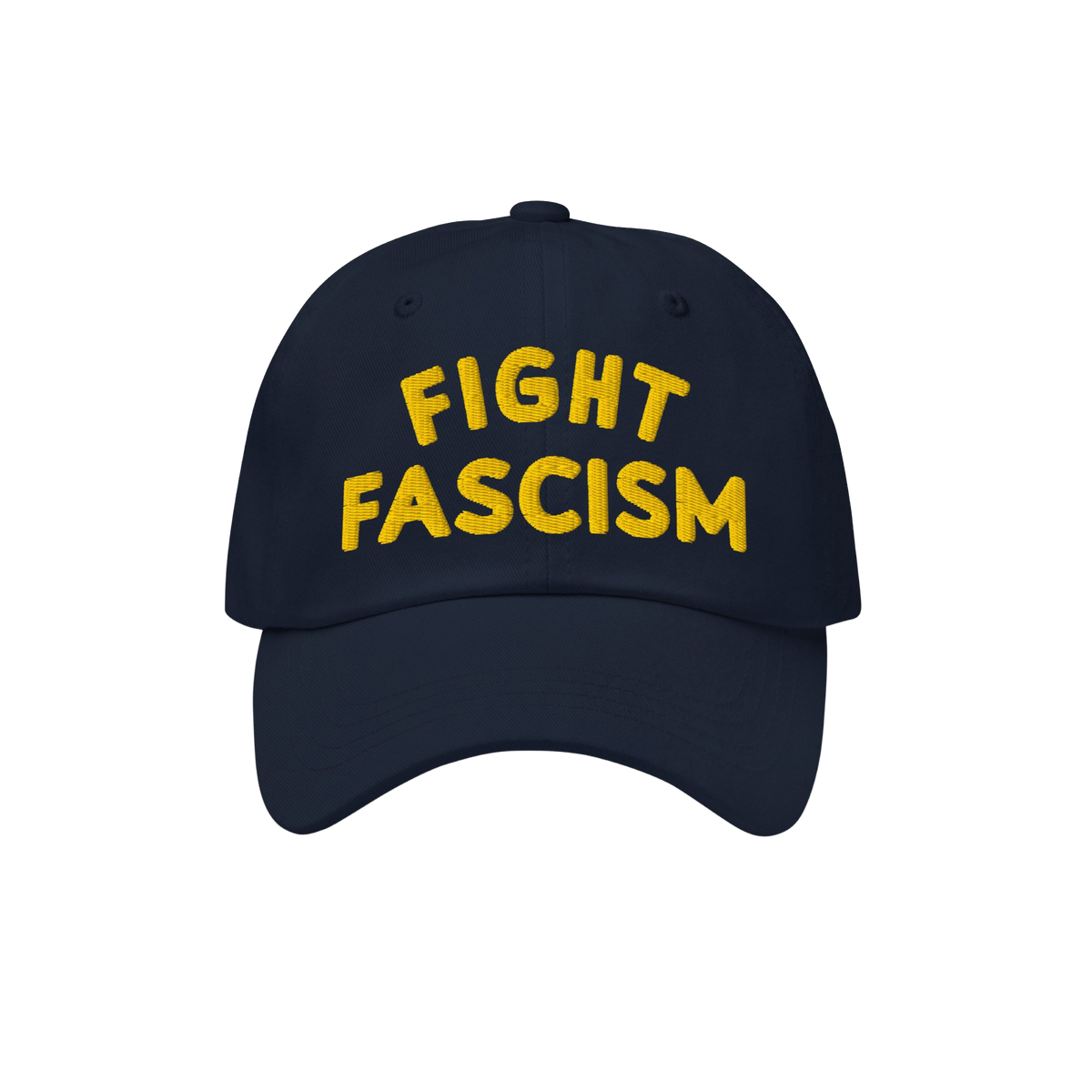 Fight Fascism Hat with bold yellow embroidery on the front, proclaiming FIGHT FASCISM in block letters, ideal for making a vi