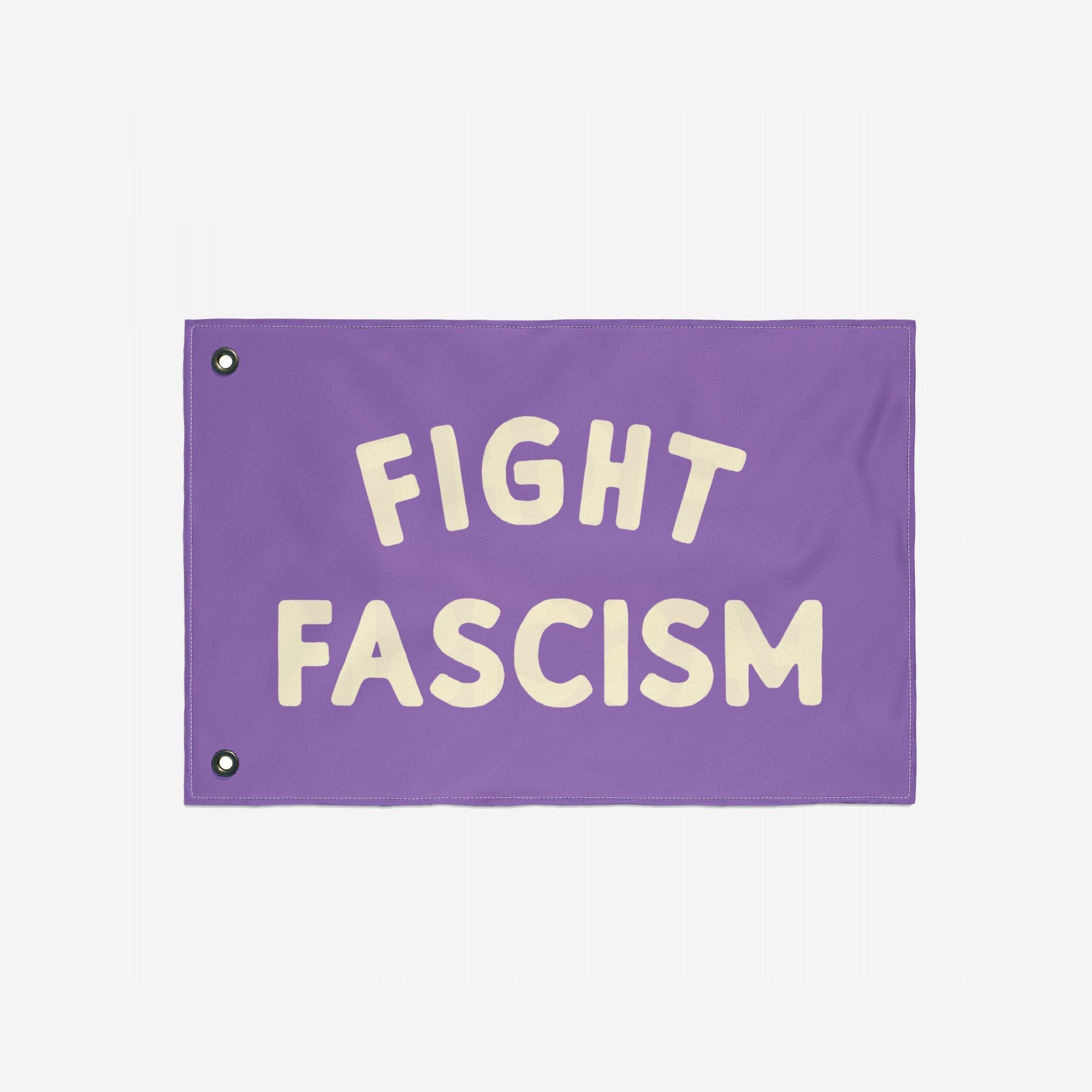 Purple Fight Fascism Flag with metal grommets, featuring bold off-white lettering. Ideal for anti-fascist protests, displays, and activism. Available in multiple colors and sizes, promoting equality and resistance.