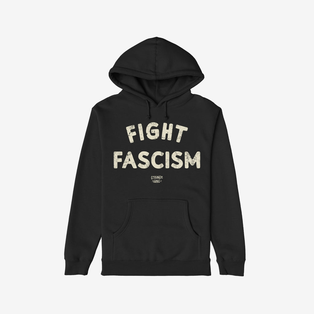 The Fight Fascism Hoodie features bold, distressed text across the chest, embodying anti-fascist activism with its prominent message and casual pullover design.