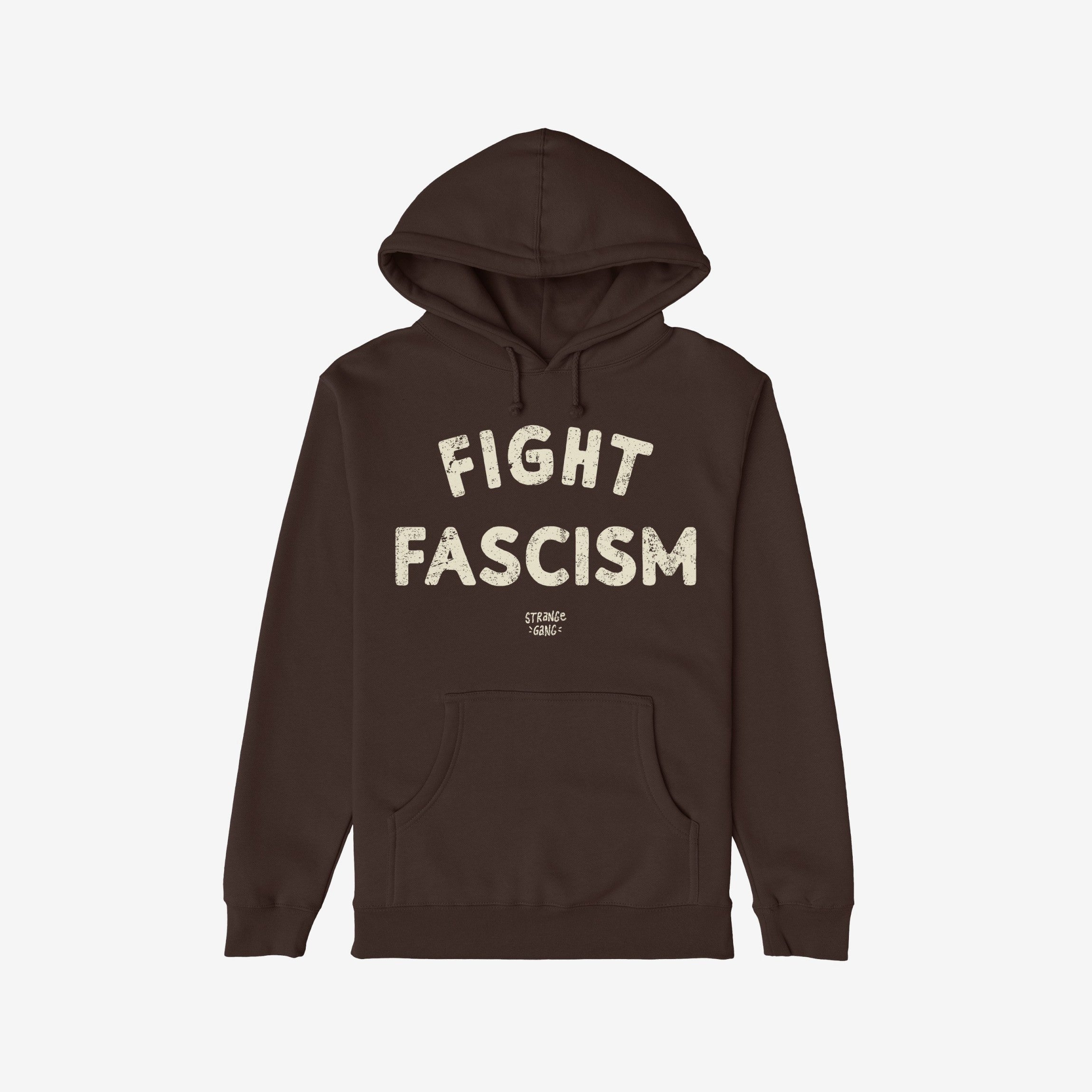 Dark-brown Fight Fascism Hoodie with distressed off-white slogan across the chest, featuring a drawstring hood and front kangaroo pocket. Perfect for making a bold anti-fascist statement.