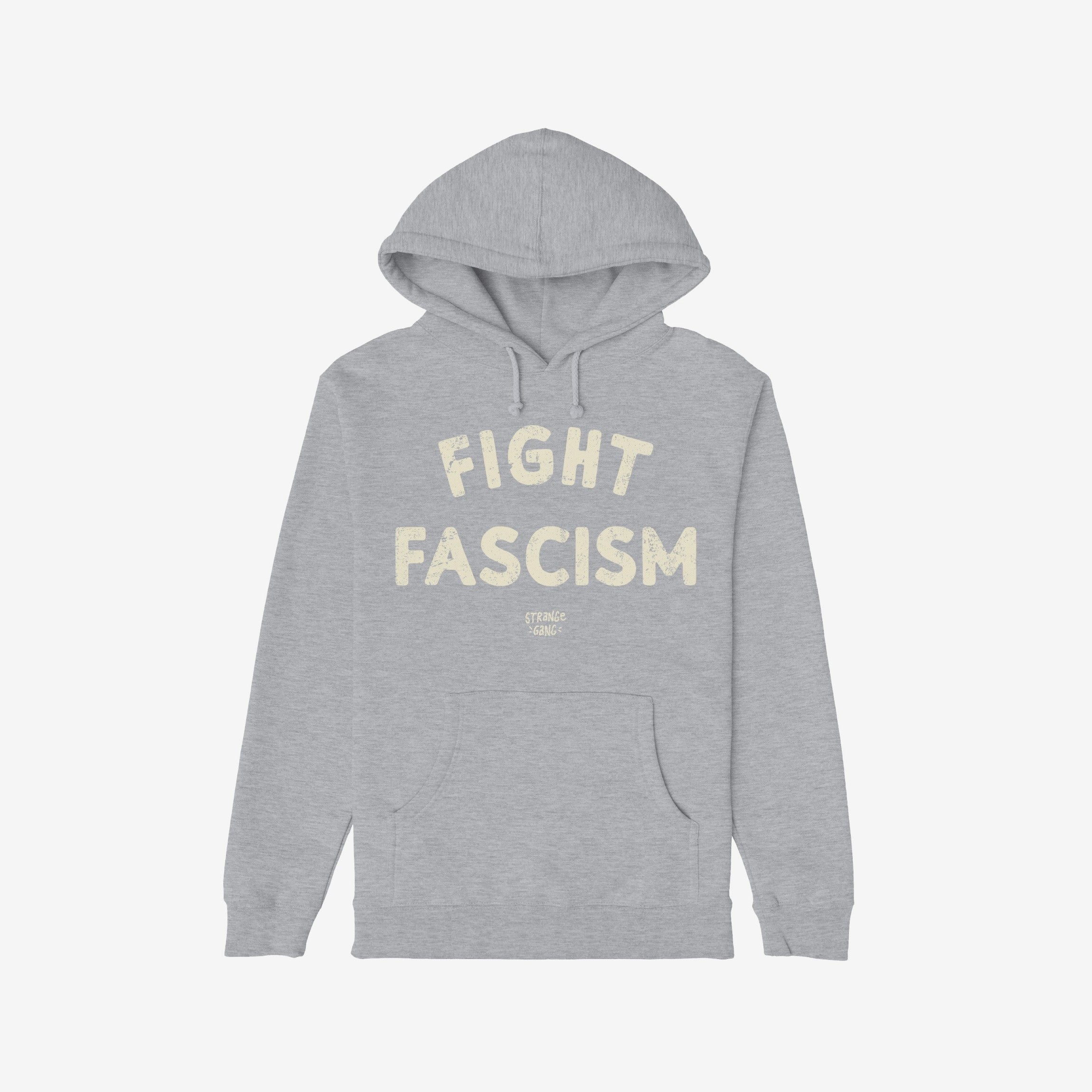Light-gray Fight Fascism Hoodie with a front kangaroo pocket and hood, featuring FIGHT FASCISM in distressed off-white letters across the chest, embodying anti-fascist protest spirit.