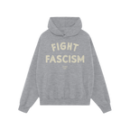 Light-gray Fight Fascism Hoodie with a front kangaroo pocket and hood, featuring FIGHT FASCISM in distressed off-white letter