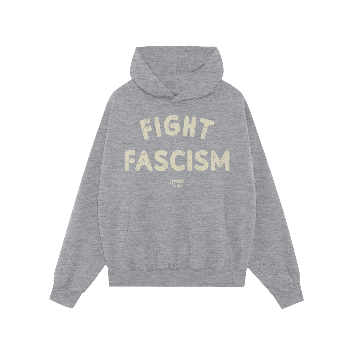 Light-gray Fight Fascism Hoodie with a front kangaroo pocket and hood, featuring FIGHT FASCISM in distressed off-white letter