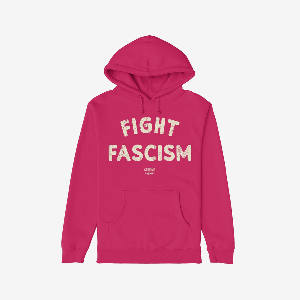 Bright pink Fight Fascism Hoodie with distressed off-white slogan, kangaroo pocket, and hood, embodying anti-fascist protest. Ideal for activism, expressing solidarity against oppression.