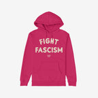 Bright pink Fight Fascism Hoodie with distressed off-white slogan, kangaroo pocket, and hood, embodying anti-fascist protest. Ideal for activism, expressing solidarity against oppression.