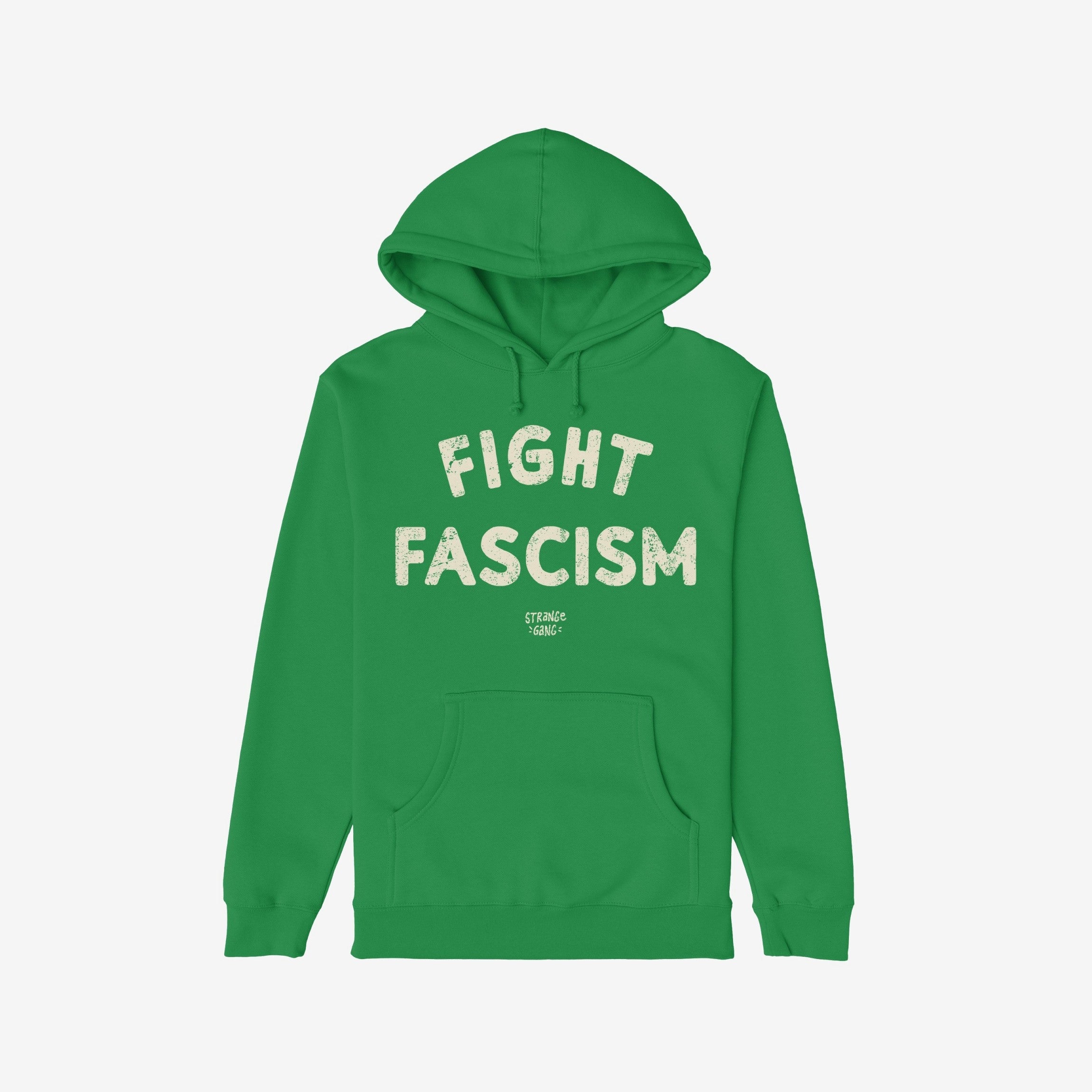 Fight Fascism Hoodie: A green pullover with a kangaroo pocket features FIGHT FASCISM in distressed off-white letters, perfect for making a bold statement against fascism and supporting equality.