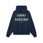 Fight Fascism Hoodie & Sweatshirt features a navy-blue pullover hoodie with a kangaroo pocket and drawstring hood. The chest 