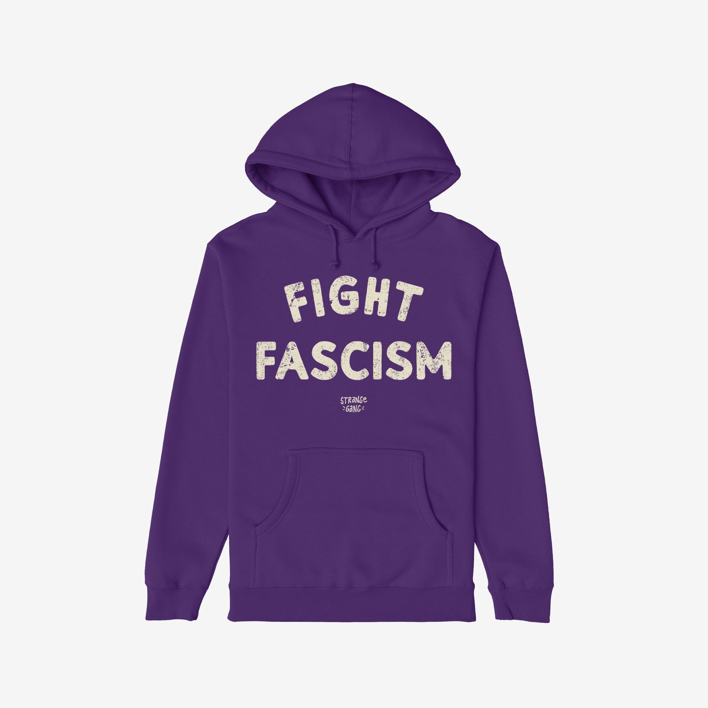 The Fight Fascism Hoodie features bold, distressed off-white text on a purple backdrop, promoting anti-fascist messages. It includes a drawstring hood and kangaroo pocket, suitable for everyday activism.