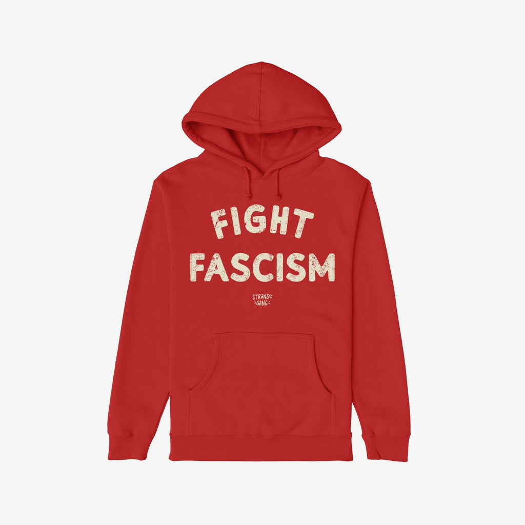 Red pullover hoodie with FIGHT FASCISM in large cream distressed letters on the chest, embodying an anti-fascist message. Ideal for protests or everyday wear, part of the Fight Fascism Hoodie & Sweatshirt collection.