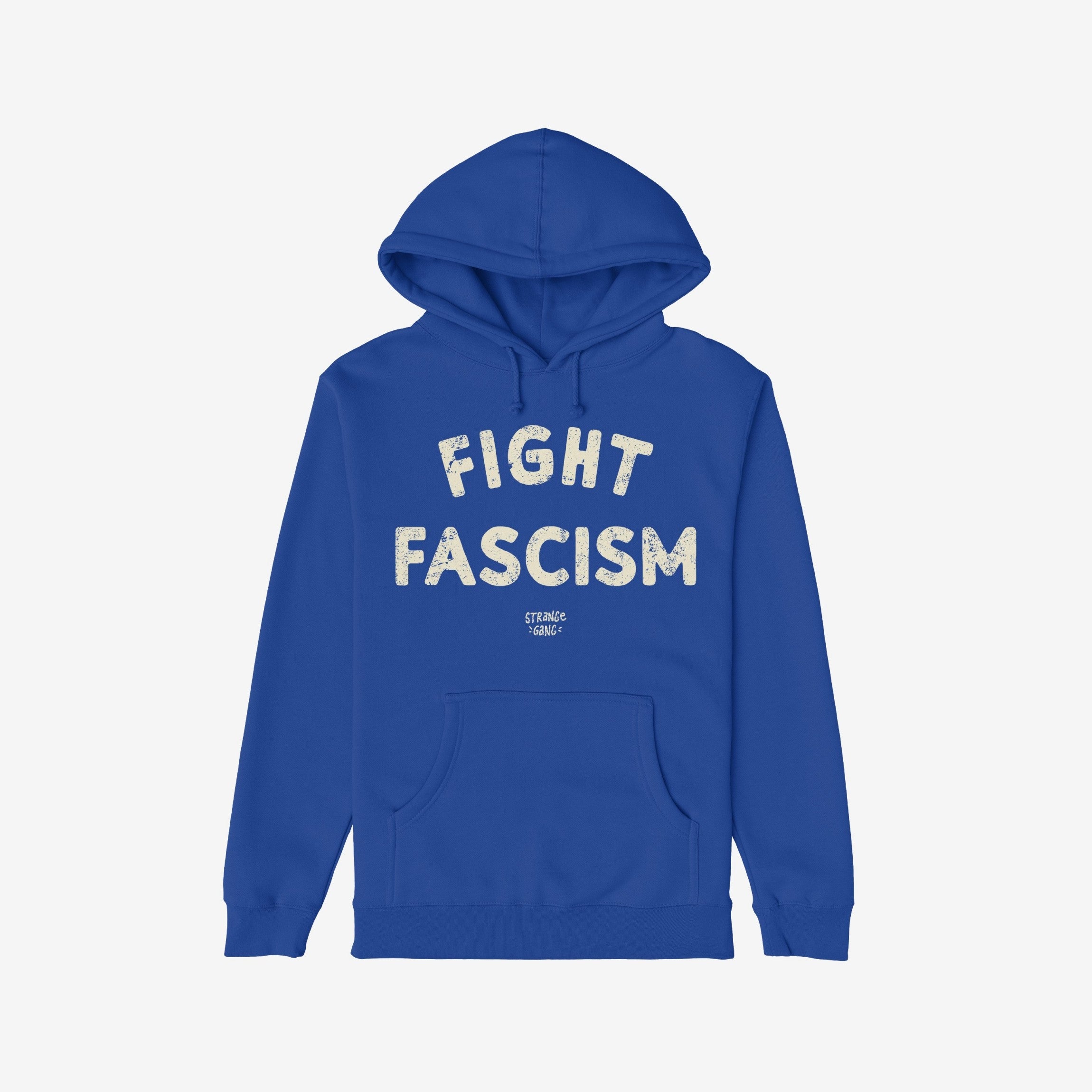 Bright blue Fight Fascism Hoodie with distressed white lettering, featuring a kangaroo pocket and drawstring hood. Ideal for protests or daily wear, embodying a strong anti-fascist message.