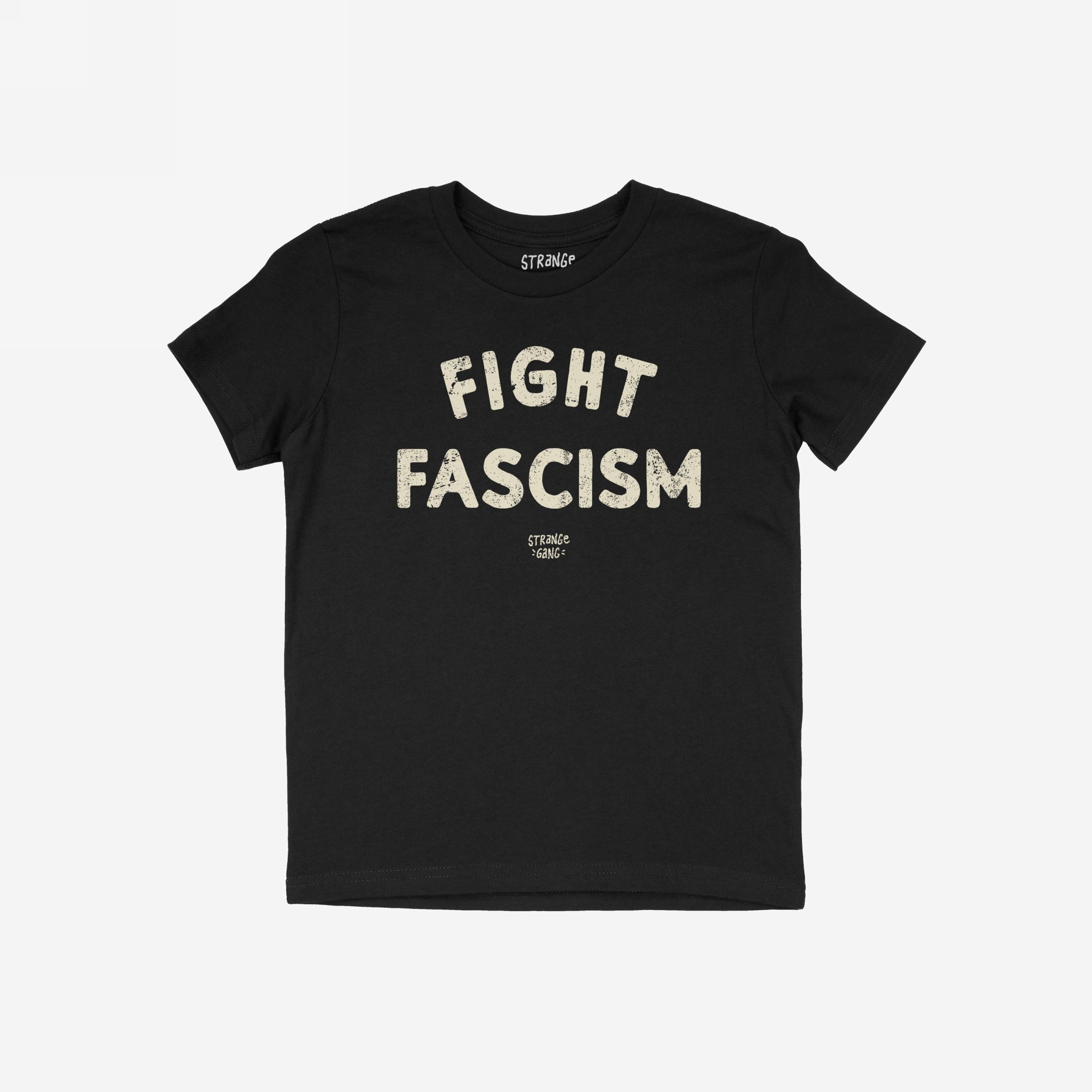 Black T-shirt featuring FIGHT FASCISM in bold, distressed white letters. Below, smaller text identifies the designer. This anti-fascist design suits activism and everyday wear, embodying a powerful message.