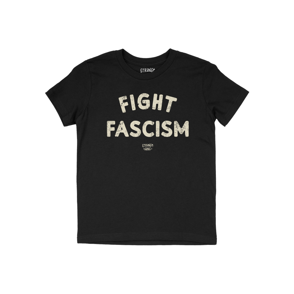 Black T-shirt featuring FIGHT FASCISM in bold, distressed white letters. Below, smaller text identifies the designer. This an