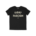 Black T-shirt featuring FIGHT FASCISM in bold, distressed white letters. Below, smaller text identifies the designer. This an