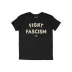 Black T-shirt featuring FIGHT FASCISM in bold, distressed white letters. Below, smaller text identifies the designer. This an