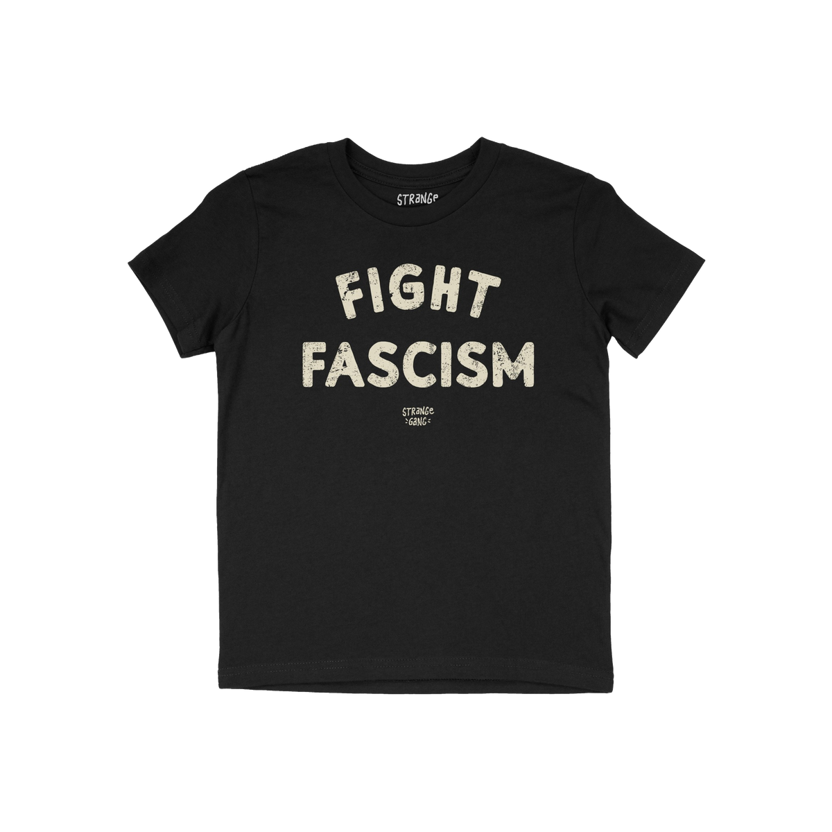 Black T-shirt featuring FIGHT FASCISM in bold, distressed white letters. Below, smaller text identifies the designer. This an