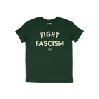 Dark-green Fight Fascism T-shirt with FIGHT FASCISM in cream distressed letters across the chest, embodying an anti-fascist p