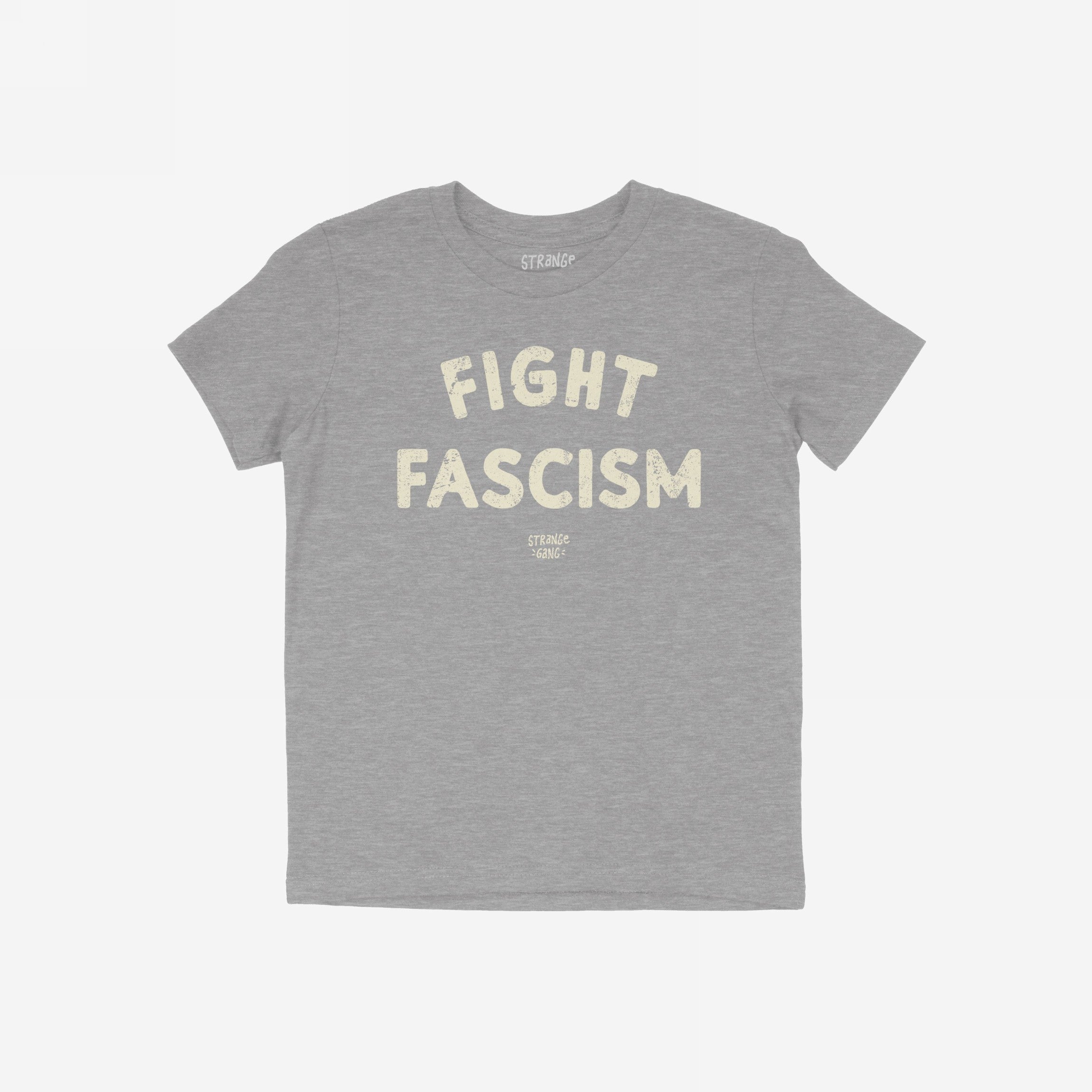 Heather-gray Fight Fascism T-shirt with large, distressed off-white slogan across chest, embodying anti-fascist protest spirit. Small brand name beneath slogan. Ideal for marches and activism.