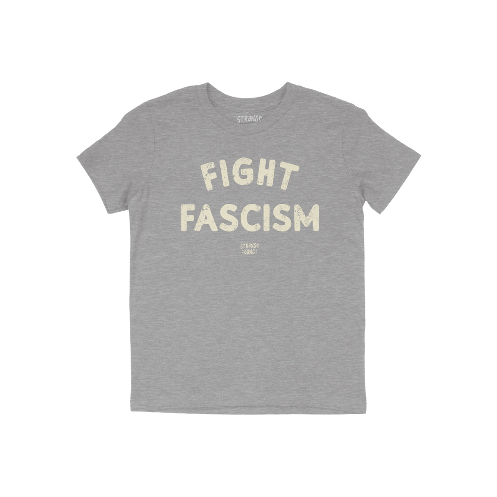 Heather-gray Fight Fascism T-shirt with large, distressed off-white slogan across chest, embodying anti-fascist protest spiri