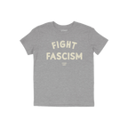 Heather-gray Fight Fascism T-shirt with large, distressed off-white slogan across chest, embodying anti-fascist protest spiri