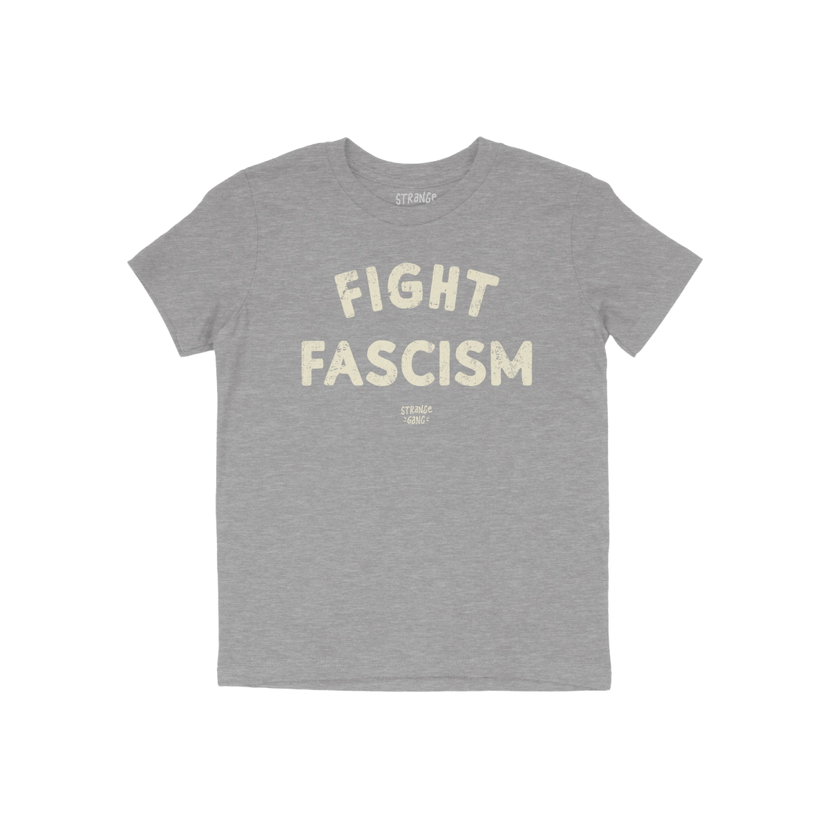 Heather-gray Fight Fascism T-shirt with large, distressed off-white slogan across chest, embodying anti-fascist protest spiri