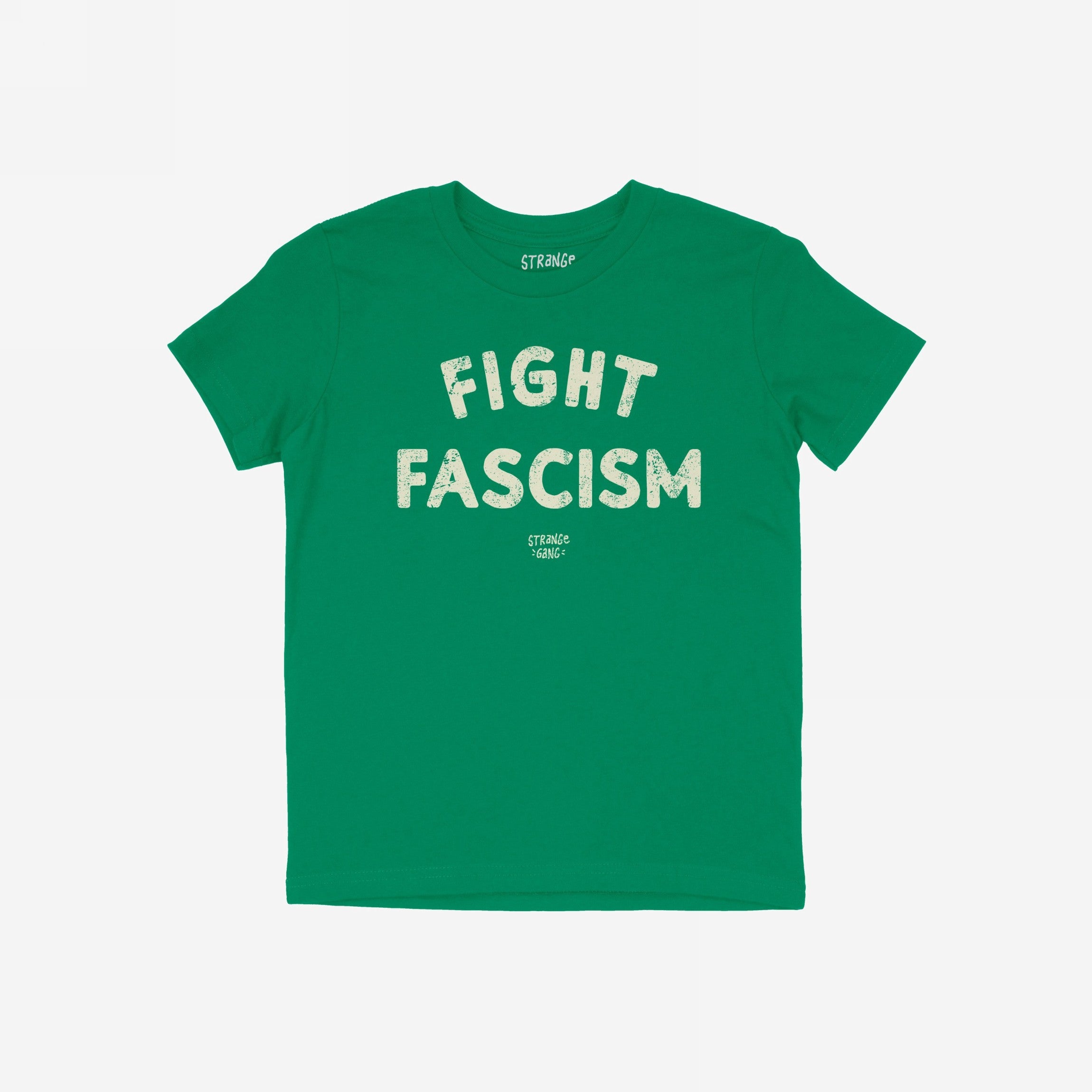 Fight Fascism T-shirt featuring bold, distressed white slogan on green fabric, embodying anti-fascist message. Perfect for activism and everyday wear, aligning with values of equality and opposition to hate.