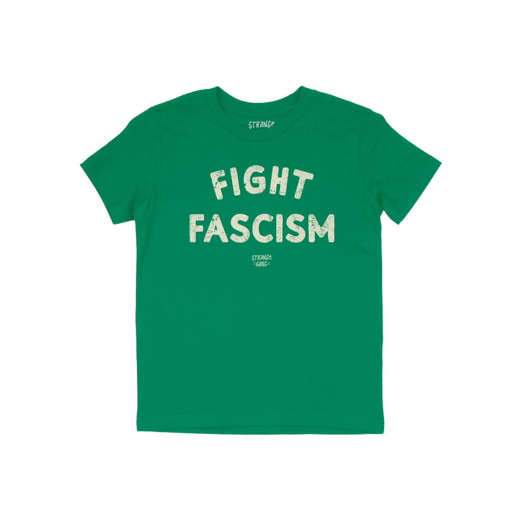Fight Fascism T-shirt featuring bold, distressed white slogan on green fabric, embodying anti-fascist message. Perfect for ac