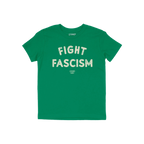 Fight Fascism T-shirt featuring bold, distressed white slogan on green fabric, embodying anti-fascist message. Perfect for ac