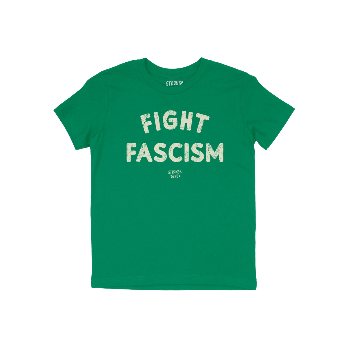 Fight Fascism T-shirt featuring bold, distressed white slogan on green fabric, embodying anti-fascist message. Perfect for ac