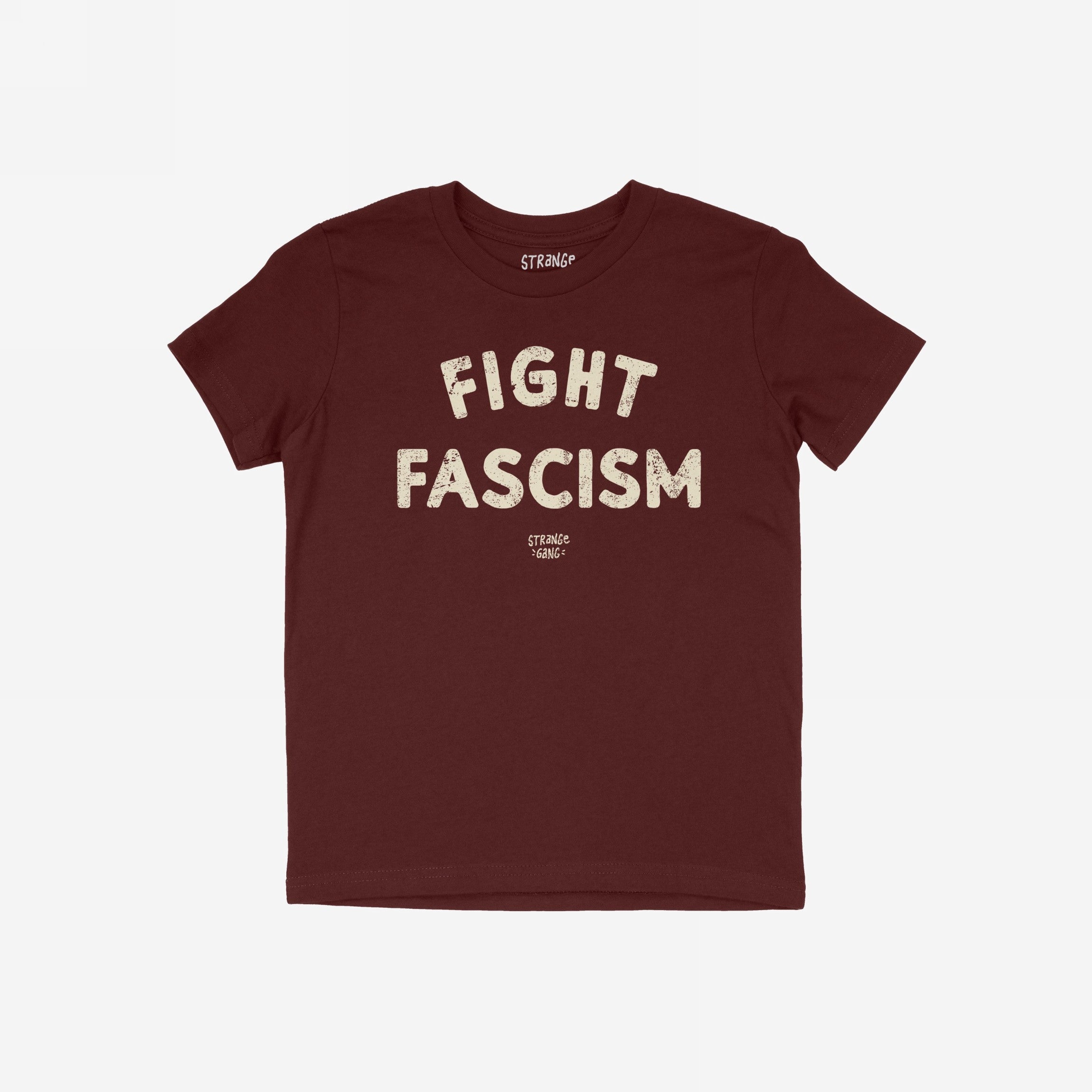 Fight Fascism T-shirt in deep burgundy with distressed off-white text. Bold statement design featuring large FIGHT FASCISM message and smaller brand tagline, embodying protest and resistance ethos.