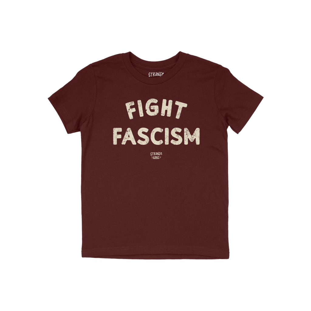 Fight Fascism T-shirt in deep burgundy with distressed off-white text. Bold statement design featuring large FIGHT FASCISM me
