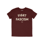 Fight Fascism T-shirt in deep burgundy with distressed off-white text. Bold statement design featuring large FIGHT FASCISM me
